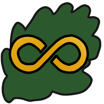golden infinity symbol in front of a big green leaf shape.